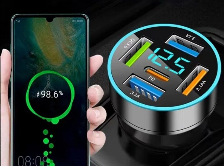 Автомобильное зарядное устройство с вольтметром / 4 USB порта + Type-C / , быстрая автомобильная зарядка для телефона 12-24 QC3.0 12-24 вольт — фото 2