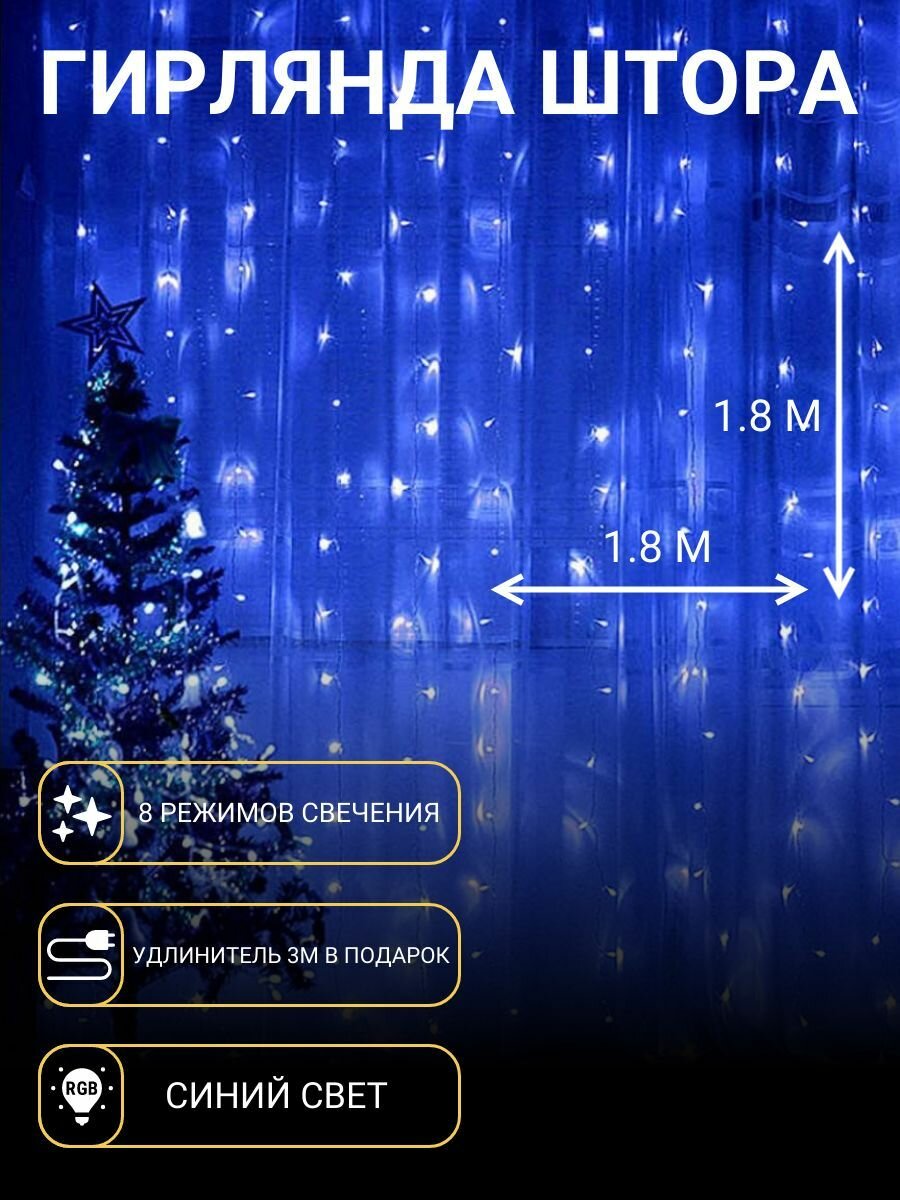 Гирлянда интерьерная Штора синяя / Светодиодная 1.8 м на 1.8 м