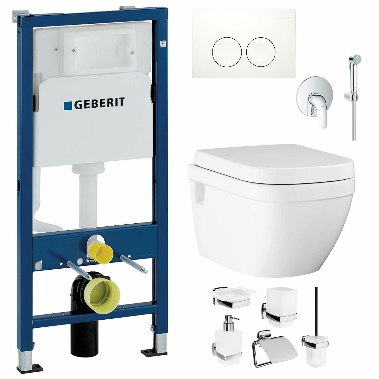 фото Готовое решение: инсталляция с кнопкой Geberit, безободковый унитаз Grohe Euro Ceramic, плавное сиденье, гигиенический душ Armatura, аксессуары Am.Pm
