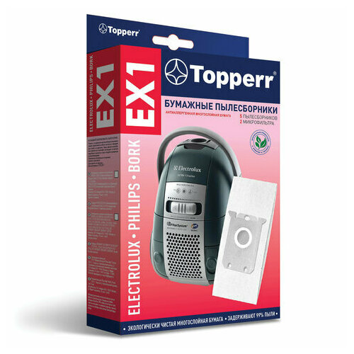 Мешок для пылесоса (пылесборник) бумажный TOPPERR EX1, ELECTROLUX, PHILIPS, BORK, комплект 5 шт, 1010 (арт. 456432) мешок для пылесоса topperr ts 60 1413