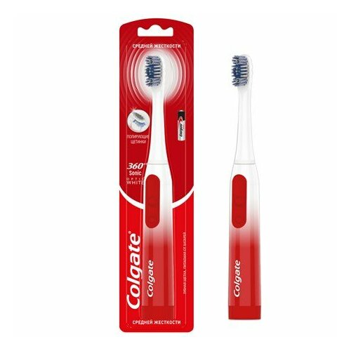 Электрическая зубная щетка Colgate 360 Sonic Optic White отбеливающая на батарейках средней жесткости 365200₽