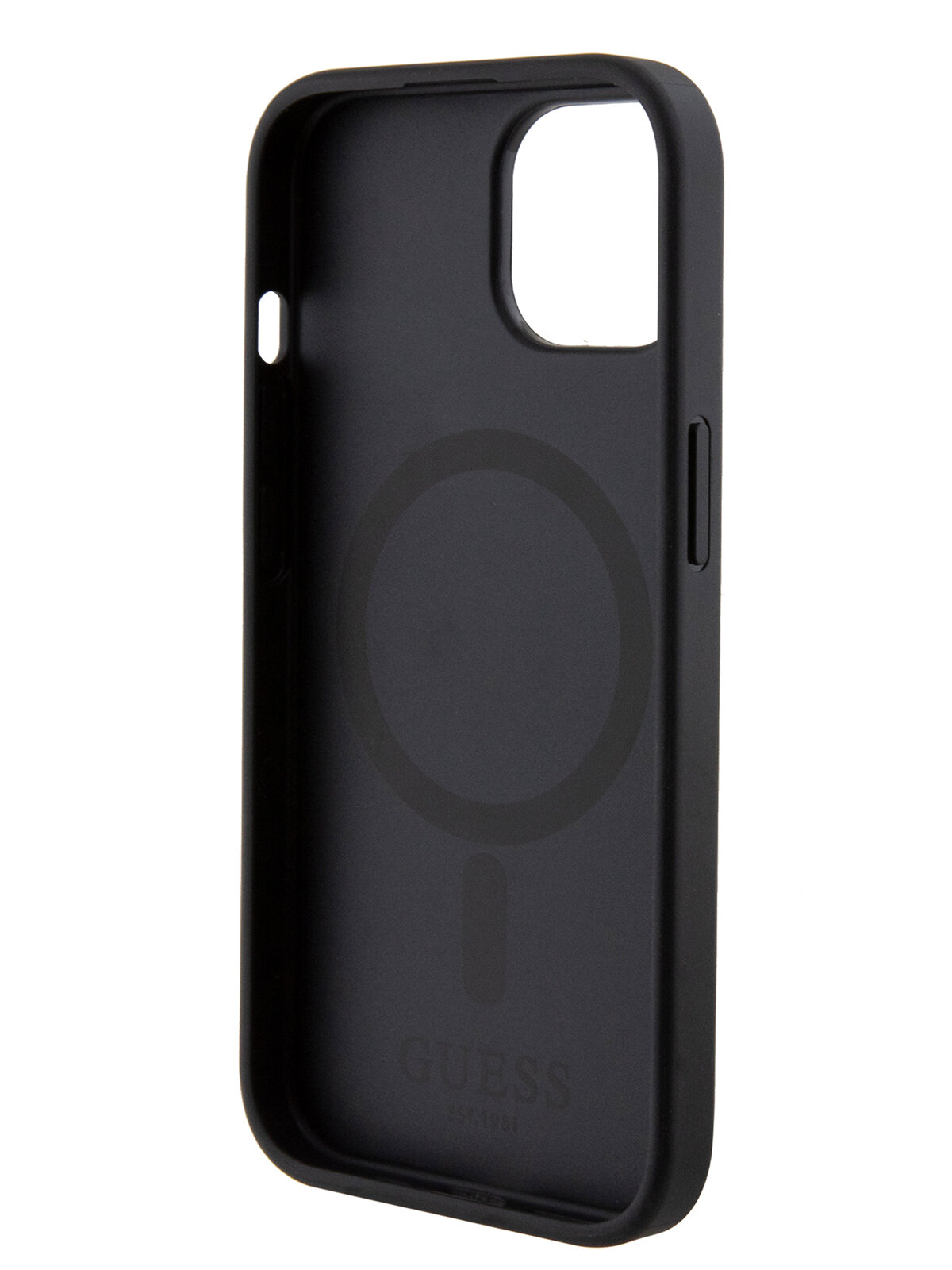 Guess для iPhone 15 чехол PU Saffiano with metal logo Hard Black (MagSafe)