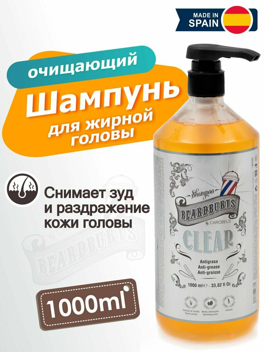 Beardburys Мужской шампунь для волос очищающий Clear Shampoo, 1000 мл