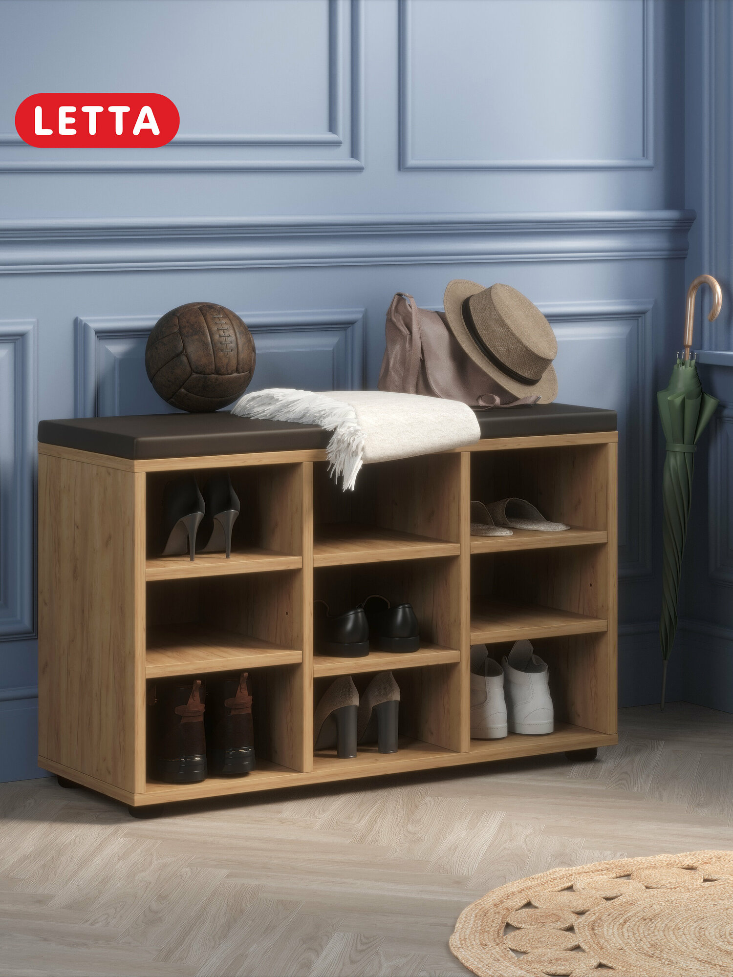 фото Обувница банкетка тумба для обуви Орех/Кожзам коричневый 786x295x500