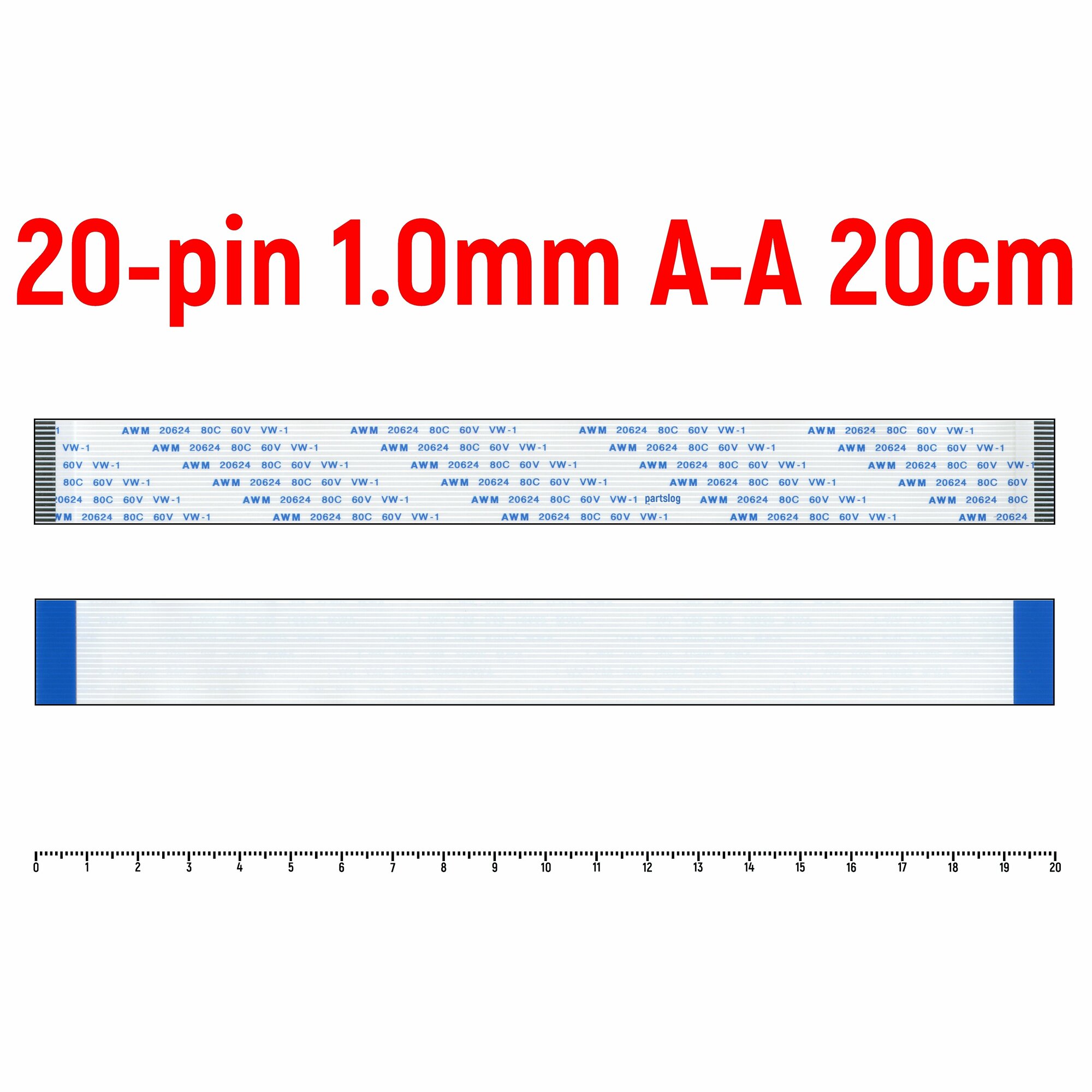 Шлейф FFC 20-pin Шаг 1.0mm Длина 20cm Прямой A-A