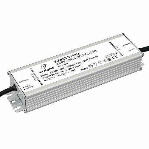 Блок питания ARPV-UH24400-PFC-55C (24V, 16.7A, 400W) (Arlight, IP67 Металл, 5 лет) блок питания arlight arpv uh24400 pfc 55c 24v 400w ip67 16 7a 040977