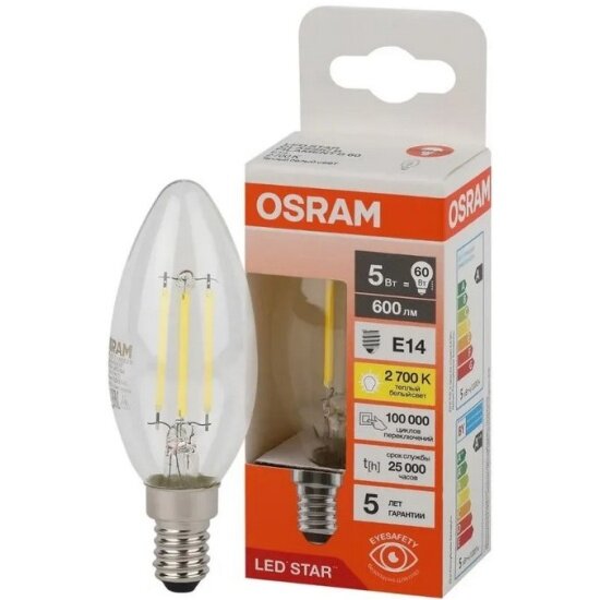 Светодиодная лампа Ledvance-osram Osram LED STAR CL B60 5W/827 220-240V FIL CL E14 600lm