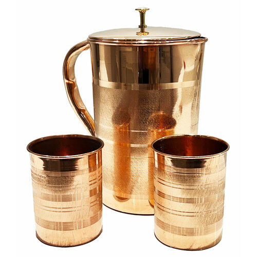 Медный кувшин с крышкой и два стакана с рельефной гравировкой для настаивания медной воды 2-2.5 л. Ручная работа