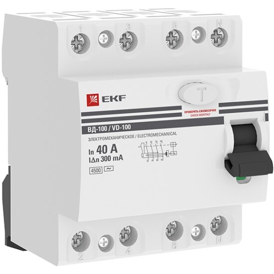 Выключатель дифференциального тока (УЗО) Ekf 4п 40А 300мА тип AC ВД-100 (электромех.) PROxima, elcb-4-40-300-em-pro