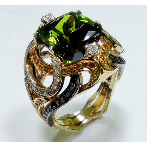 Кольцо Эстерелла, желтое золото, 750 проба, родирование, бриллиант, турмалин, сапфир, размер 18, зеленый