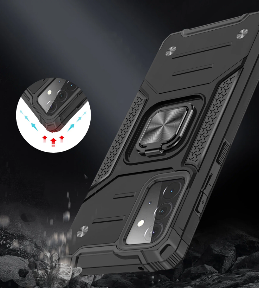 Противоударный чехол для Samsung Galaxy A34 черный с пластиной для магнитного автодержателя и кольцом подставкой