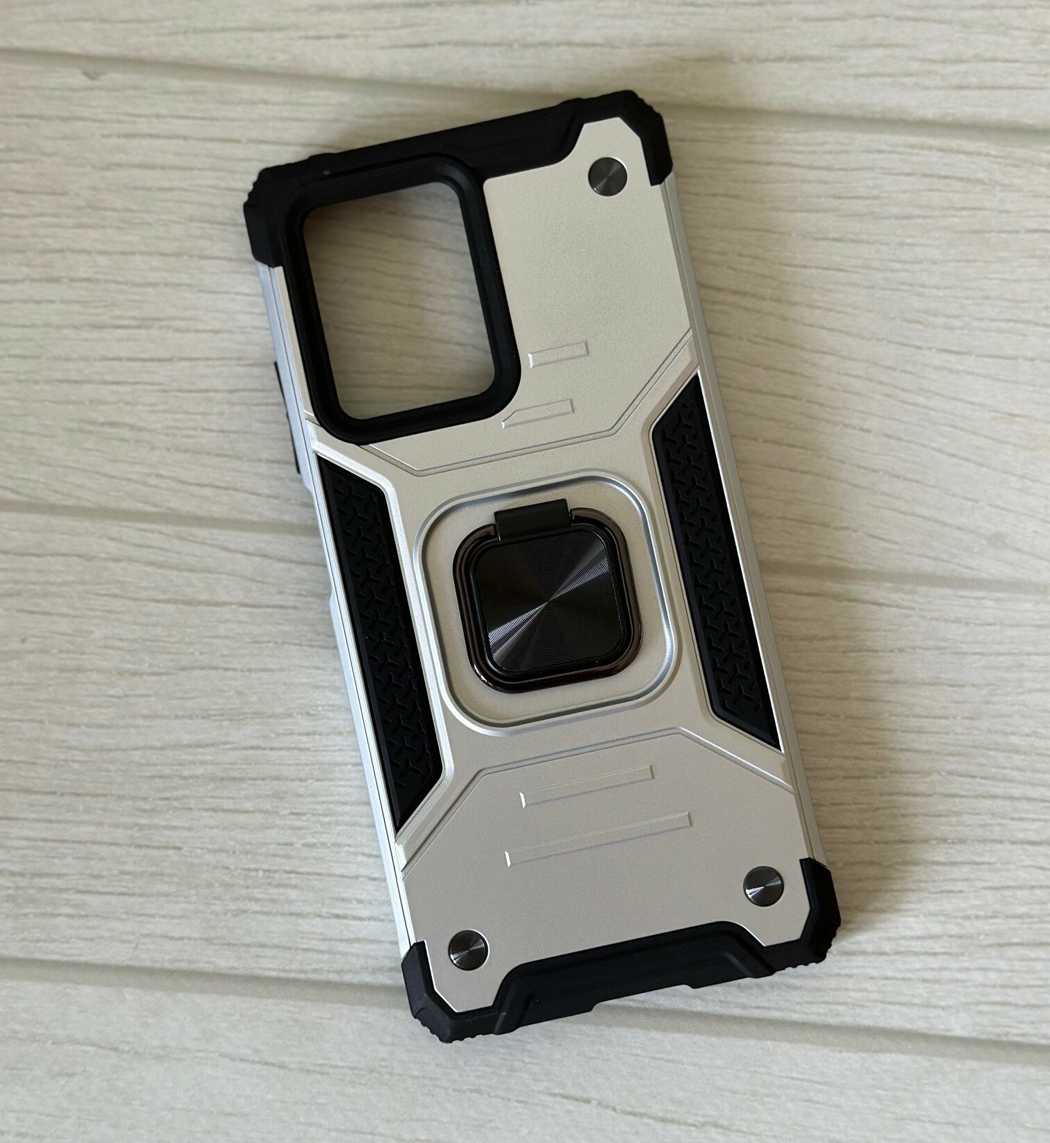 Противоударный чехол для Xiaomi Redmi Note 12 Pro+ Plus серебро с пластиной и кольцом подставкой — фото 1