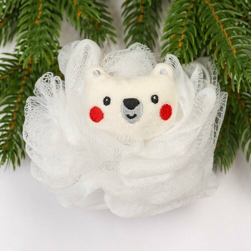 Мочалка для купания детская «Новогодний медвежонок», цвет белый