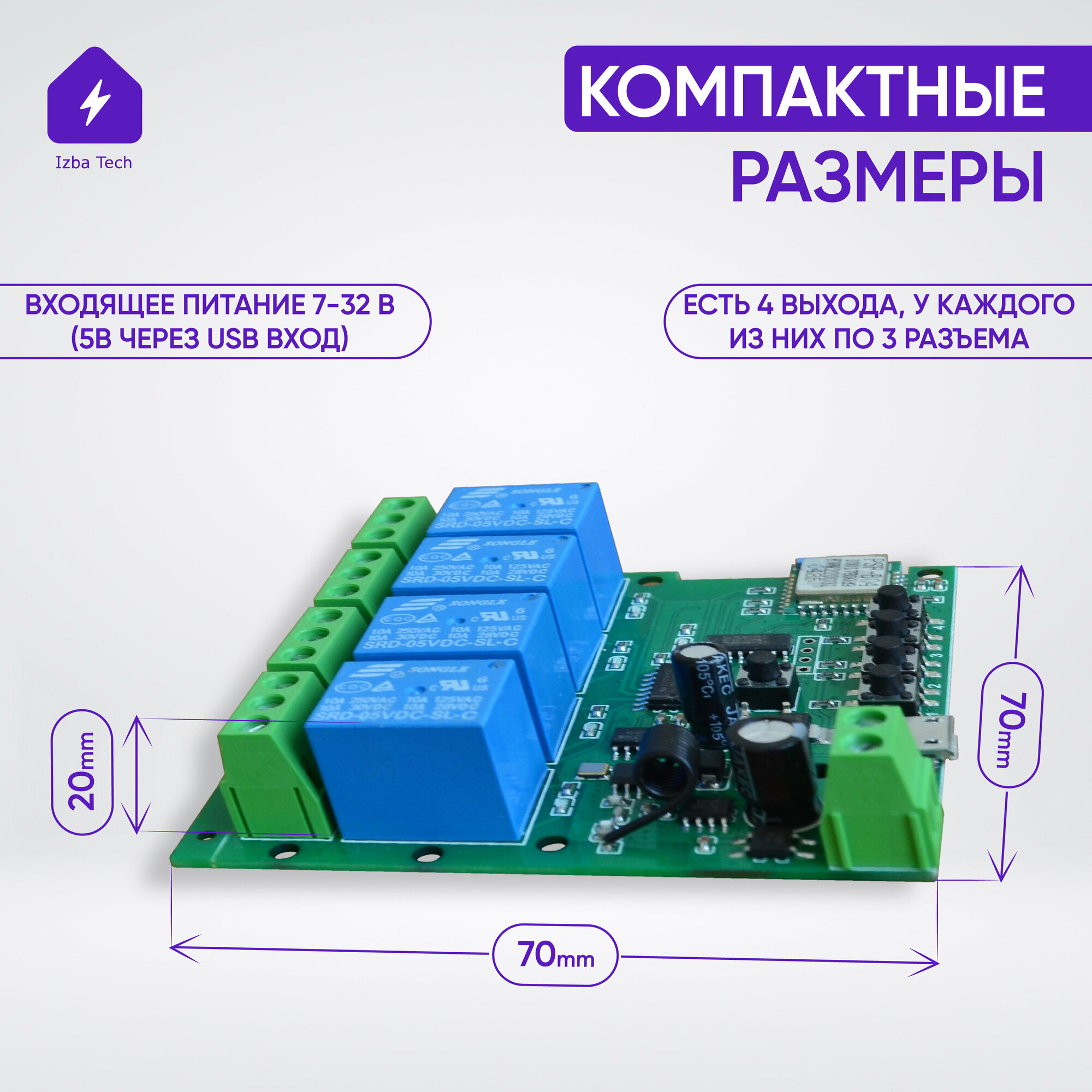 Умное реле с Алисой на 4 канала 220 В (Wi-Fi Tuya+ RF 433 МГц) беспроводной 4 канальный модуль