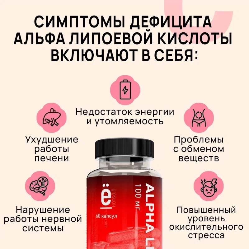 Изображение Альфа-липоевая кислота ё|батон ALPHA LIPOIC, антиоксидант, 60 капсул