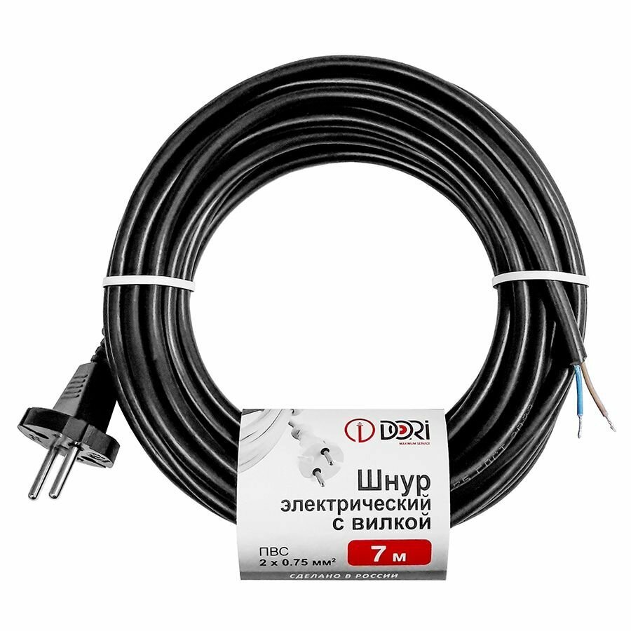 фото Кабель электрический с вилкой DORI шнур сетевой (7 м, ПВС 2х0,75 мм2, черный)