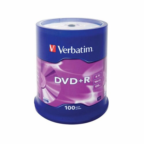 Компакт диск Verbatim DVD+R, скорость записи 16x, Azo Matt Silver, 47, гб, 100 шт (43551)