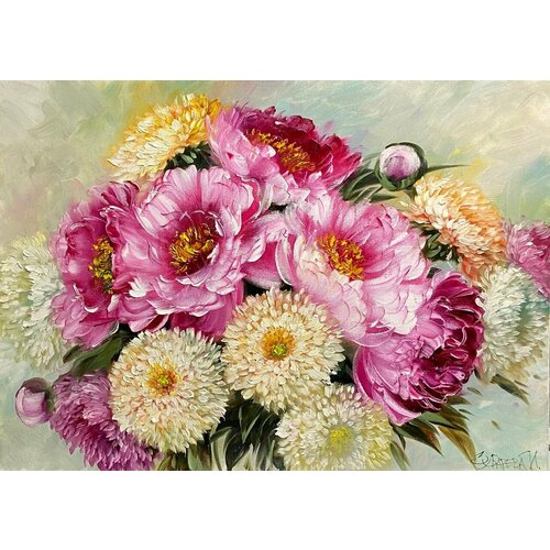 Картина маслом на холсте. Живопись. 100% ручная работа. Художественная мастерская Грёзы. Букет с пионами и хризантемами. Размер картины 50х70 см.