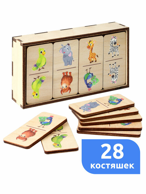 Домино детское Животные деревянное логическое цветное MEGA TOYS умная настольная игра для малышей и детей от 3 лет