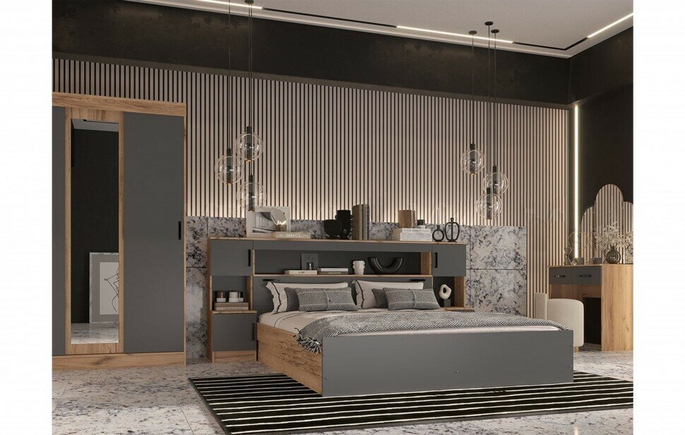 фото Комплект мебели для спальни Бася, композиция 3 сп. место 160х200 см Дуб крафт/ Графит