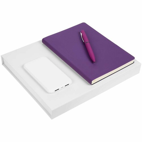 Набор Flex Shall Recharge, фиолетовый, 27,5х23,7х3,5 см, ежедневник - искусственная кожа; ручка - металл, покрытие софт-тач ; внешний аккумулятор - п