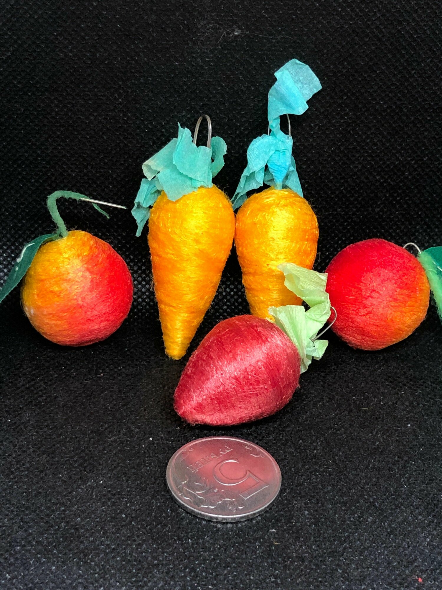 Елочная игрушка СССР набор овощи-фрукты ватные, папье-маше 5 шт №14