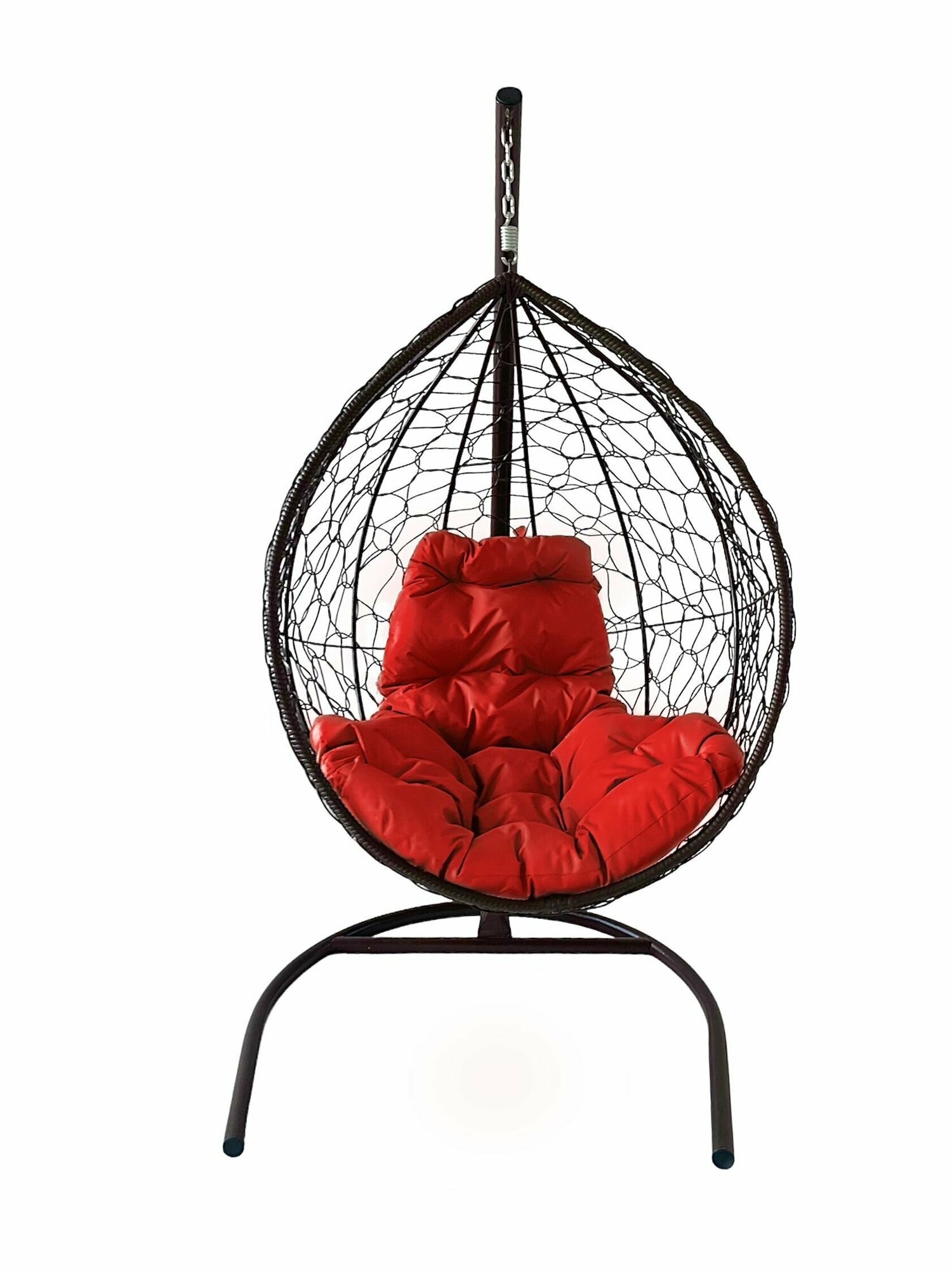 Подвесное кресло-кокон "капля" с ротангом коричневое, красная подушка - фотография № 5
