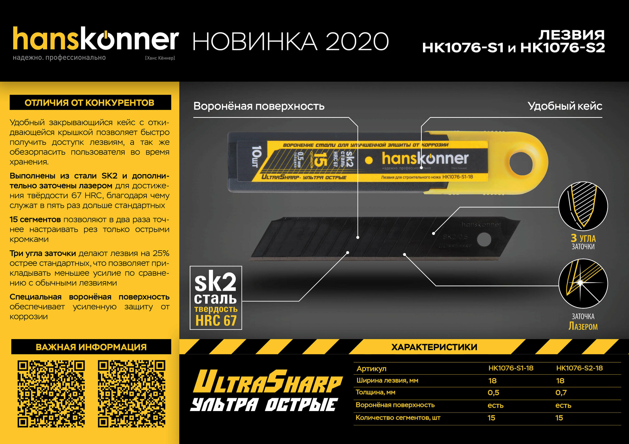 Лезвия 18мм, 10шт, оксидированные, SK2 сталь, толщина 0.7мм, Hanskonner HK1076-S2-18