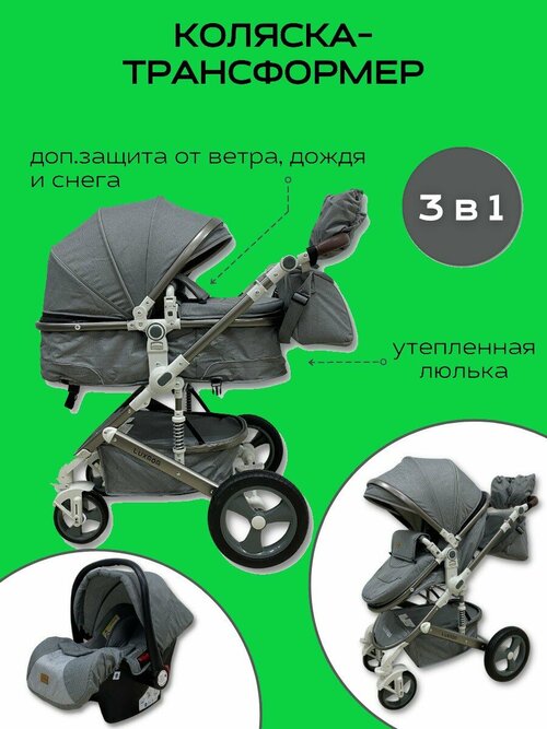 Детская коляска-трансформер 3в1 Teknum 518 с рождения и до 3х лет С реверсивным блоком Автолюлька, серый