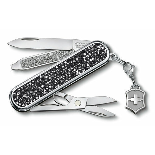 нож перочинный victorinox classic brilliant damast 0 6221 34 58мм 5функц серебристый подар коробка Нож перочинный Victorinox Classic Brilliant Crystal 0.6221.35 58мм 5функц. черныйсеребристый подар. к