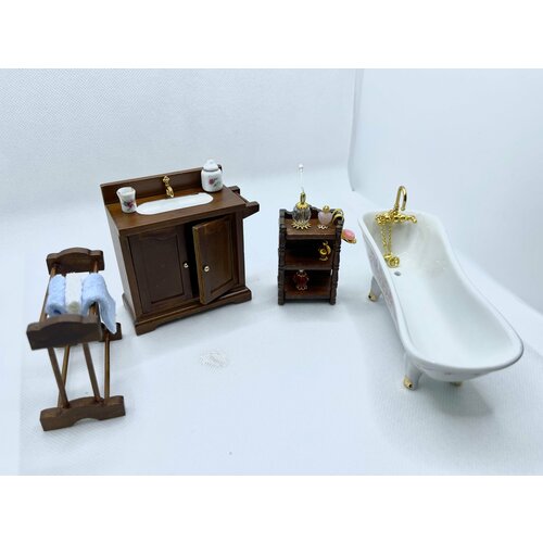 фото Кукольная мебель керамическая ванна + тумба с раковиной + сушилка + тумба с аксессуарами для кукольного домика. нет бренда