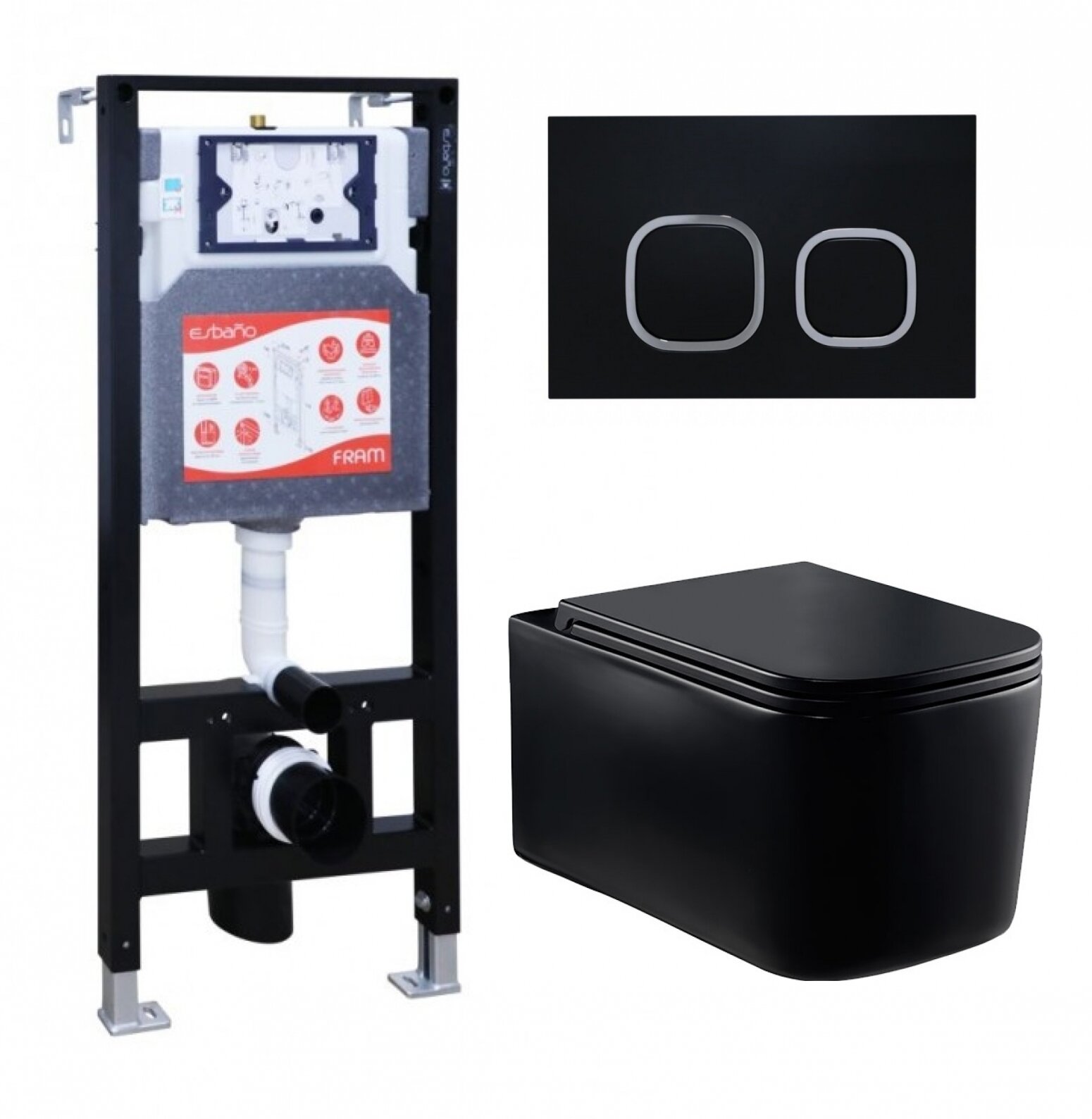 фото Комплект 3 в 1 инсталляция ESBANO FRAM + Унитаз Vincea Ultra Rimless VT1-32MB + кнопка черная матовая