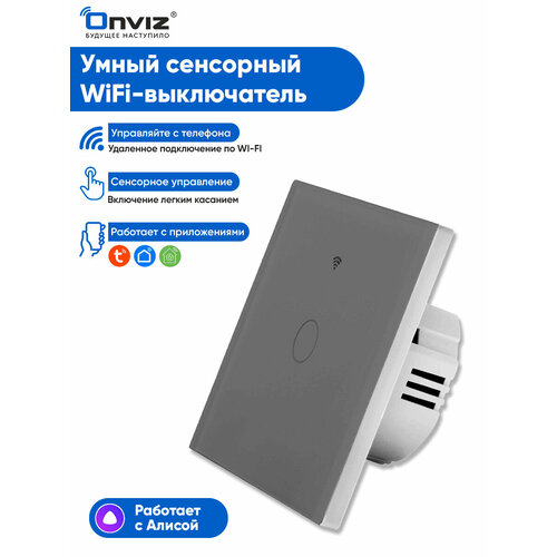 Умный сенсорный Wi-Fi выключатель Tuya (серый) одноклавишный - универсальный без нуля и с нулем - работает с Алисой