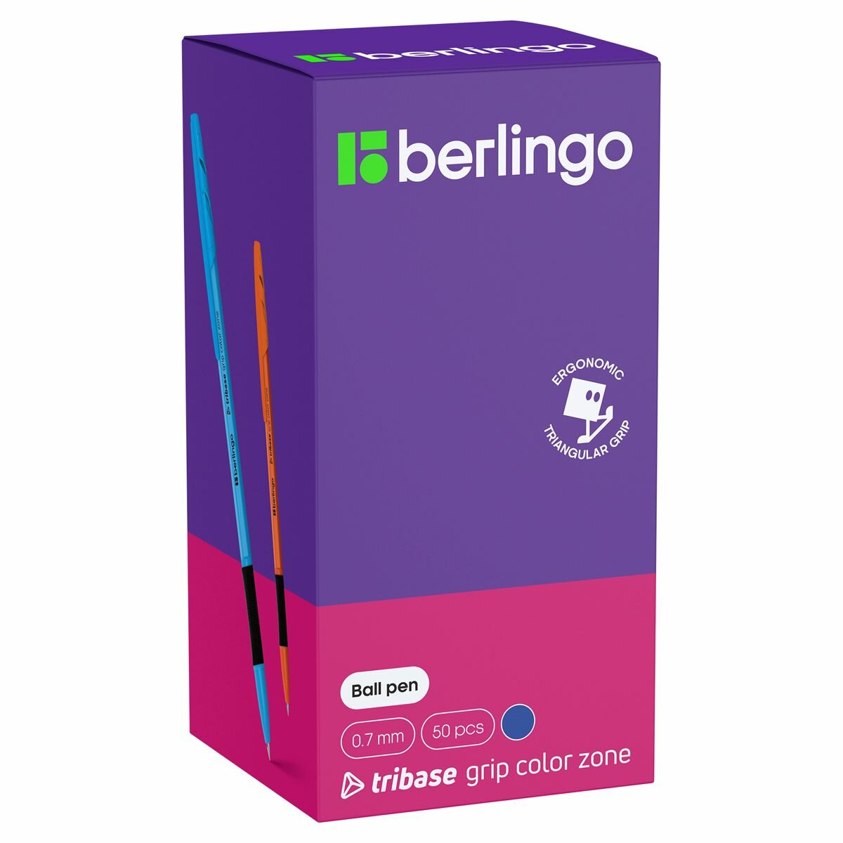 Ручка шариковая 50 шт Berlingo "Tribase grip color zone" синяя, 0,7 мм, грип