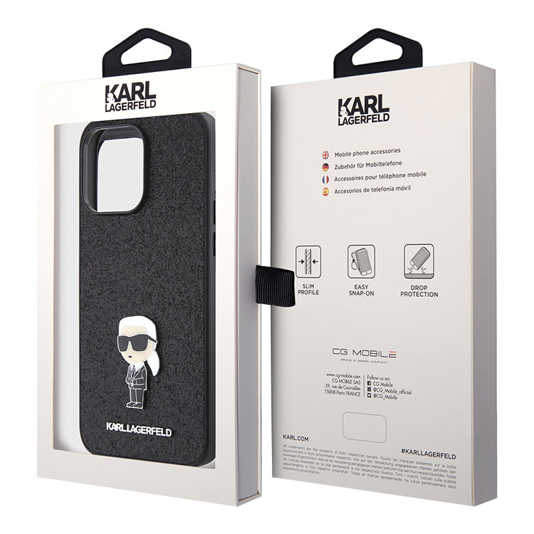 Karl Lagerfeld для iPhone 15 Pro чехол Fixed glitters NFT Karl Ikonik Metal pin Hard Black