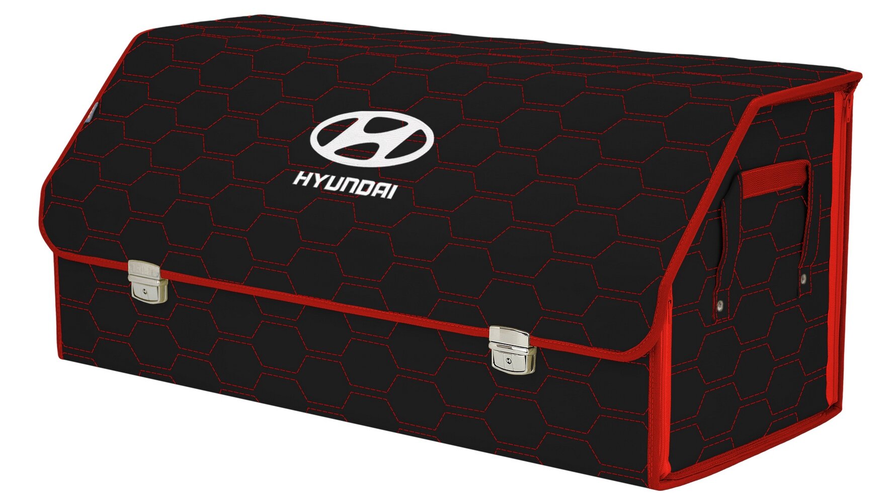 Органайзер-саквояж в багажник "Союз Премиум" (размер XXL). Цвет: черный с красной прострочкой Соты и вышивкой Hyundai (Хендай).
