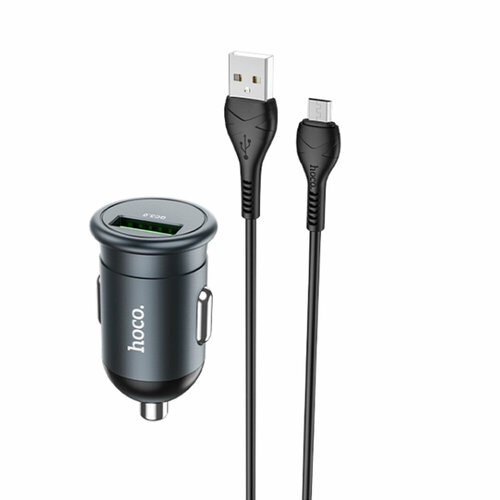 Блок питания автомобильный 1 USB HOCO, Z43, Mighty, 18W, алюминий, пластик, QC3.0, кабель микро USB, цвет: серый