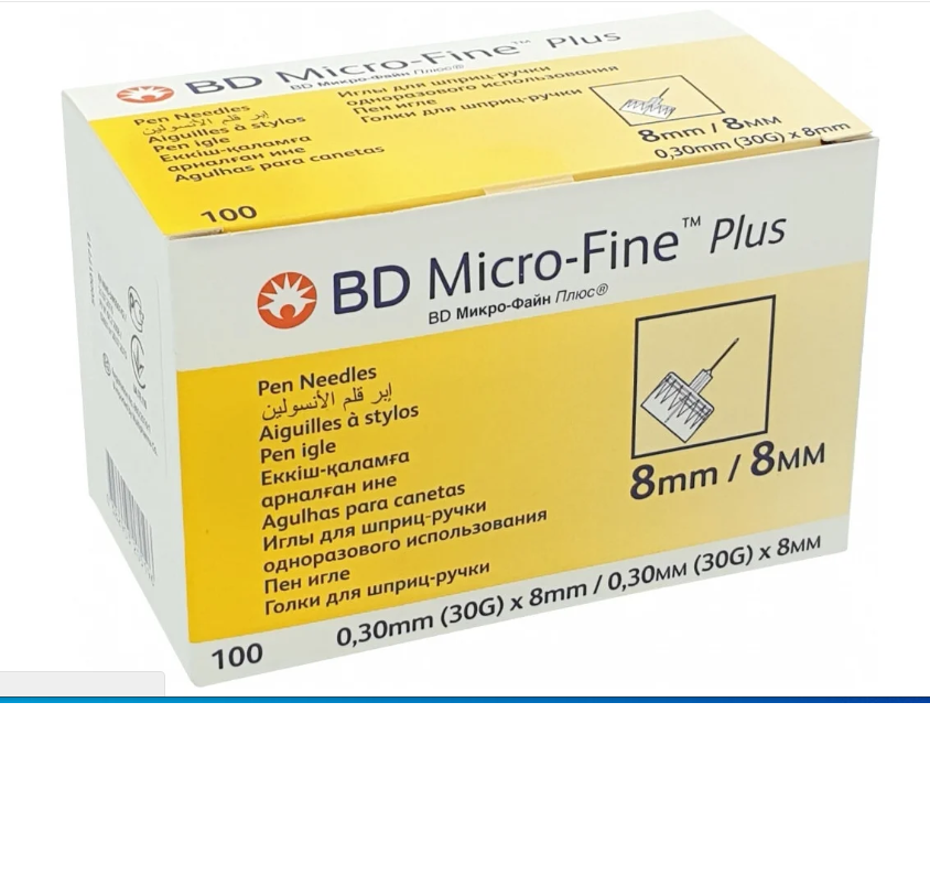 Игла для шприц-ручек BD Micro-Fine Plus, 8 мм x 0.3 мм, размер: 30G, 100 шт.