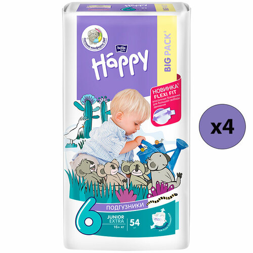 Bella Baby Happy Подгузники Junior Extra 6, 16+ кг, 54 шт. (4 упаковки)
