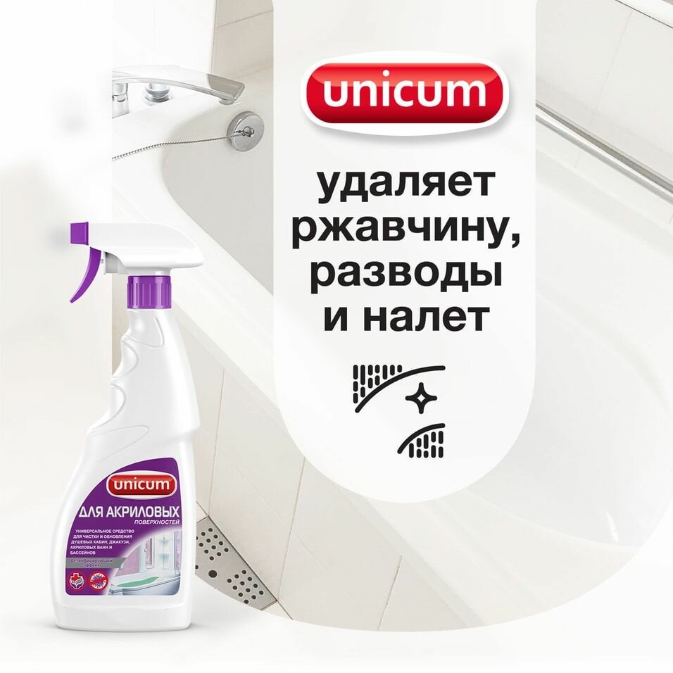 Средство Unicum для чистки акриловых ванн и душевых кабин спрей 750 мл - фото №5