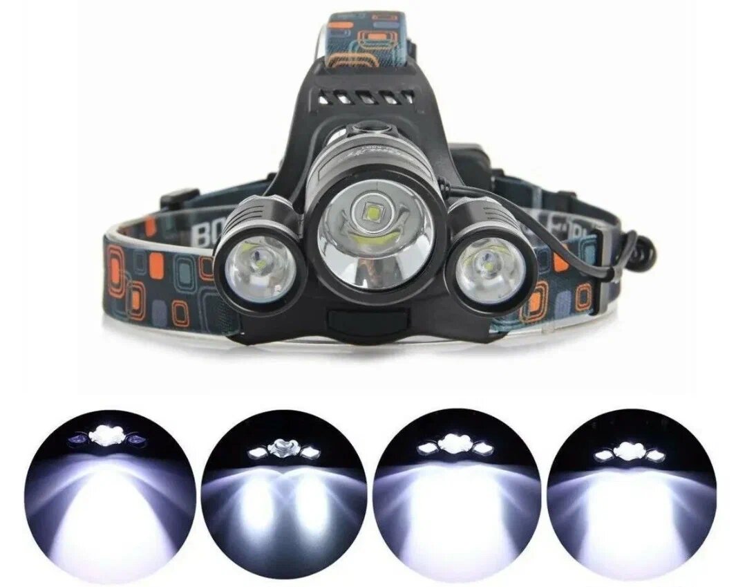 фото Фонарик, фонарик светодиодный, налобный фонарик, дальность освещения 100 метров, влагозащита, ударопрочный корпус, зарядка от USB, 4 режима работы