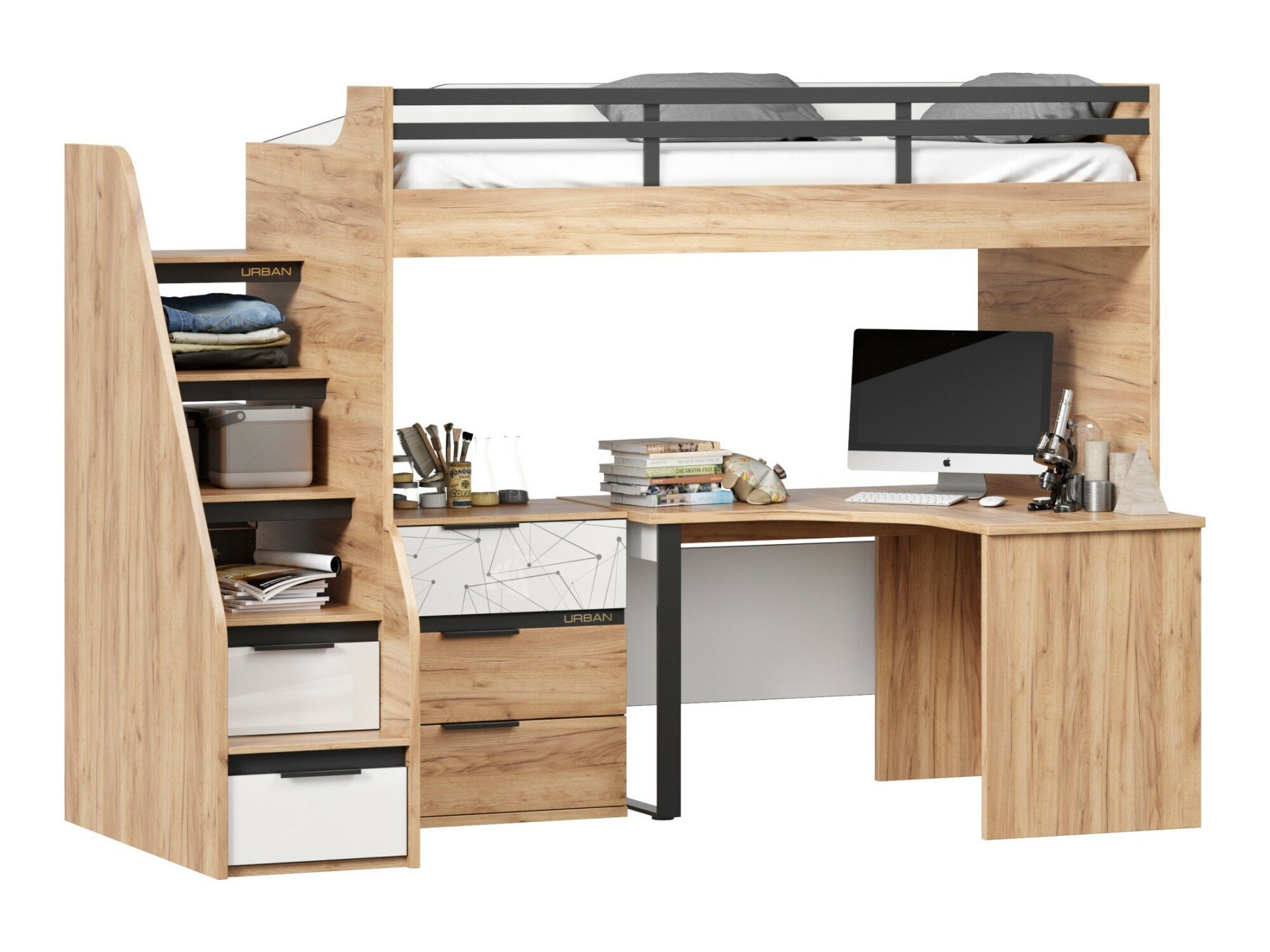 фото Урбан Кровать-чердак со столом письменным угловым с комодом (правая Дуб Золотой/Белый)