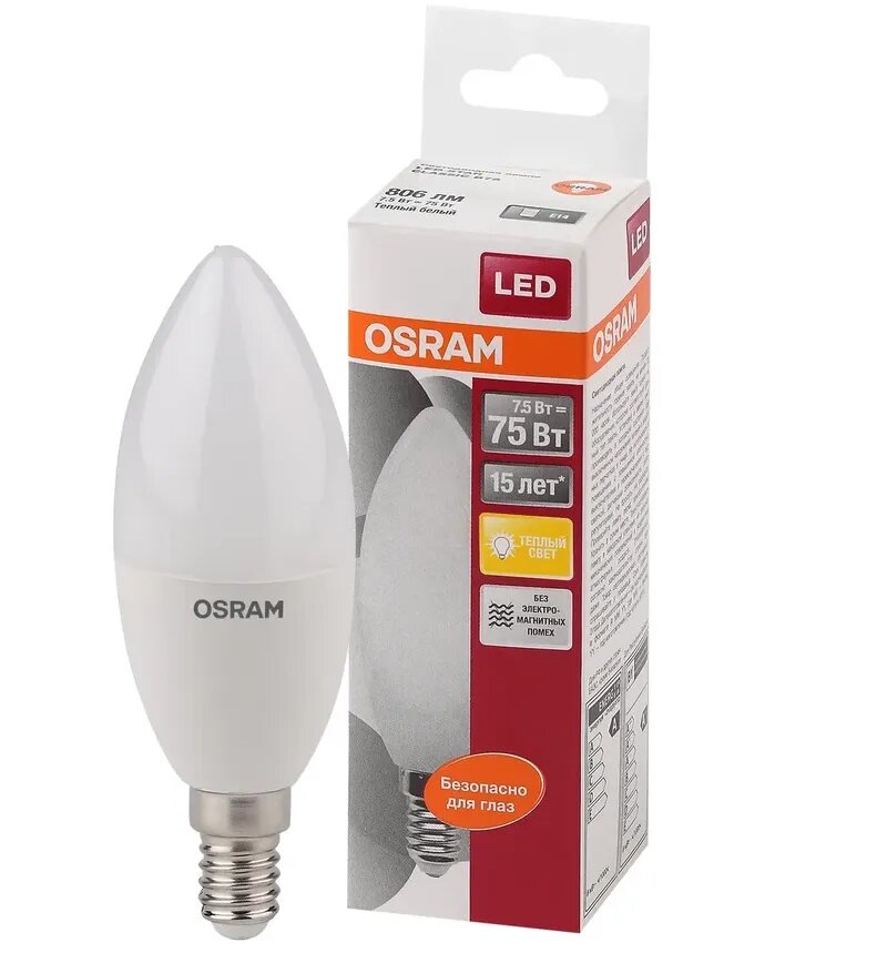 Лампочка светодиодная OSRAM Свеча B E14 75Вт 220В 806Лм 3000К Теплый белый упаковка 1шт