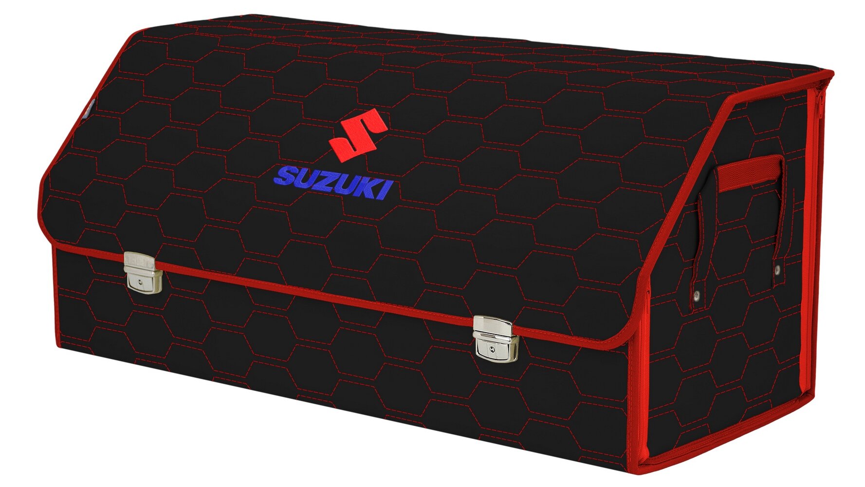 Органайзер-саквояж в багажник "Союз Премиум" (размер XXL). Цвет: черный с красной прострочкой Соты и вышивкой Suzuki (Сузуки).