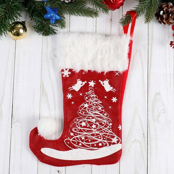 Носок для подарков Зимнее волшебство "Волшебство", Елочка, 18х25 см, бело-красный
