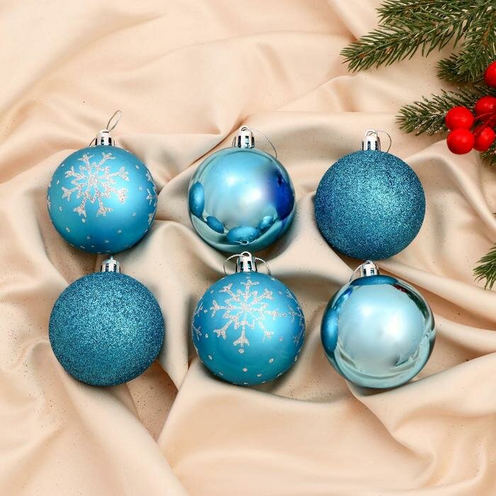 Елочные шары Зимнее волшебство "Волшебная ночь", ассорти, диаметр 6 см, голубые, пластик, 6 шт