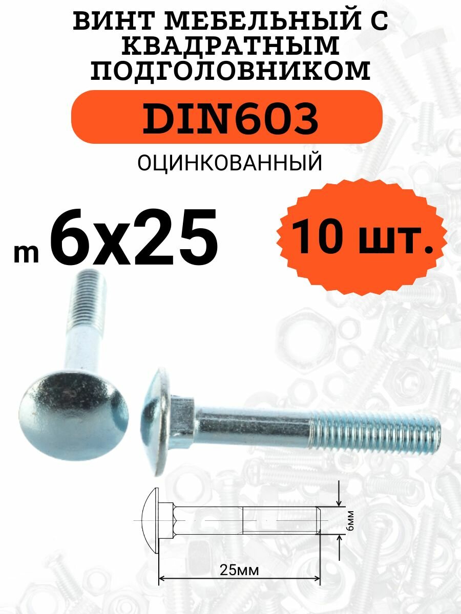 DIN603 6х25 винт мебельный с квадратным подголовником, 10 шт.