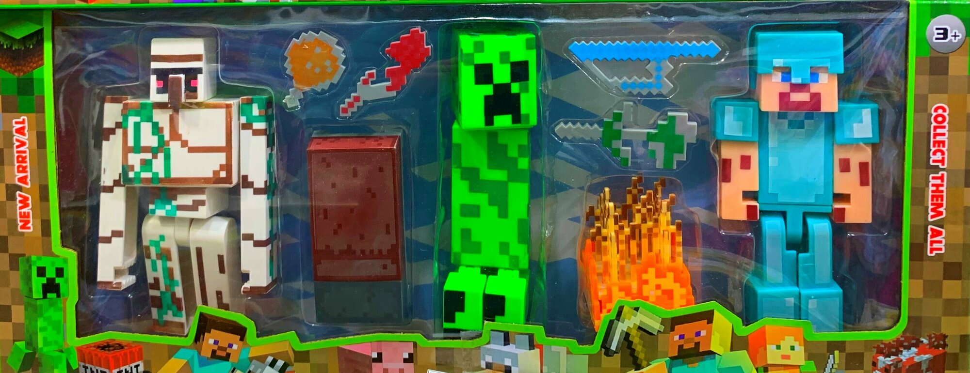 фото Майнкрафт. Набор Фигурок 3 шт. + аксессуары. Голем, Крипер, Стив.