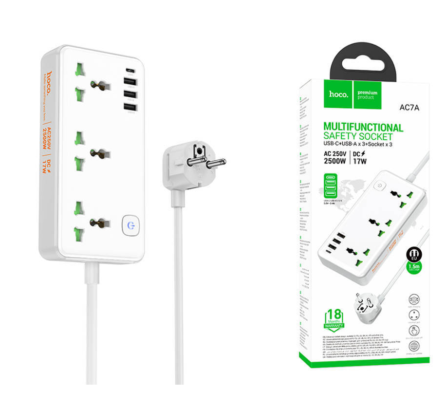 Сетевой фильтр Hoco AC7A 3 розетки/3USB/1USB-C 1.5м белый