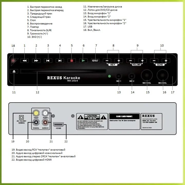 REXUS RK-2024 - DVD плеер с функцией караоке оценка исполнения HDMI USB Эхо Тональность